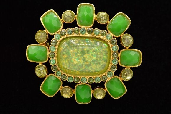 Unbranded Jewelry - Statement Pin Brooch Multi-Tone Green Rhinestone Jeweled Opaline Gold Tone BinF